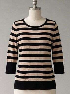 Audrey & Grace | Black & Tan Striped 3/4 Sleeve Top/Blouse with Pockets | Sz S